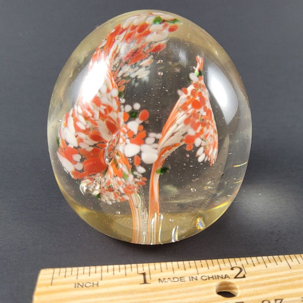 Vintage Blown Glass Paperweight Firework-Style Orange & White Egg Shape